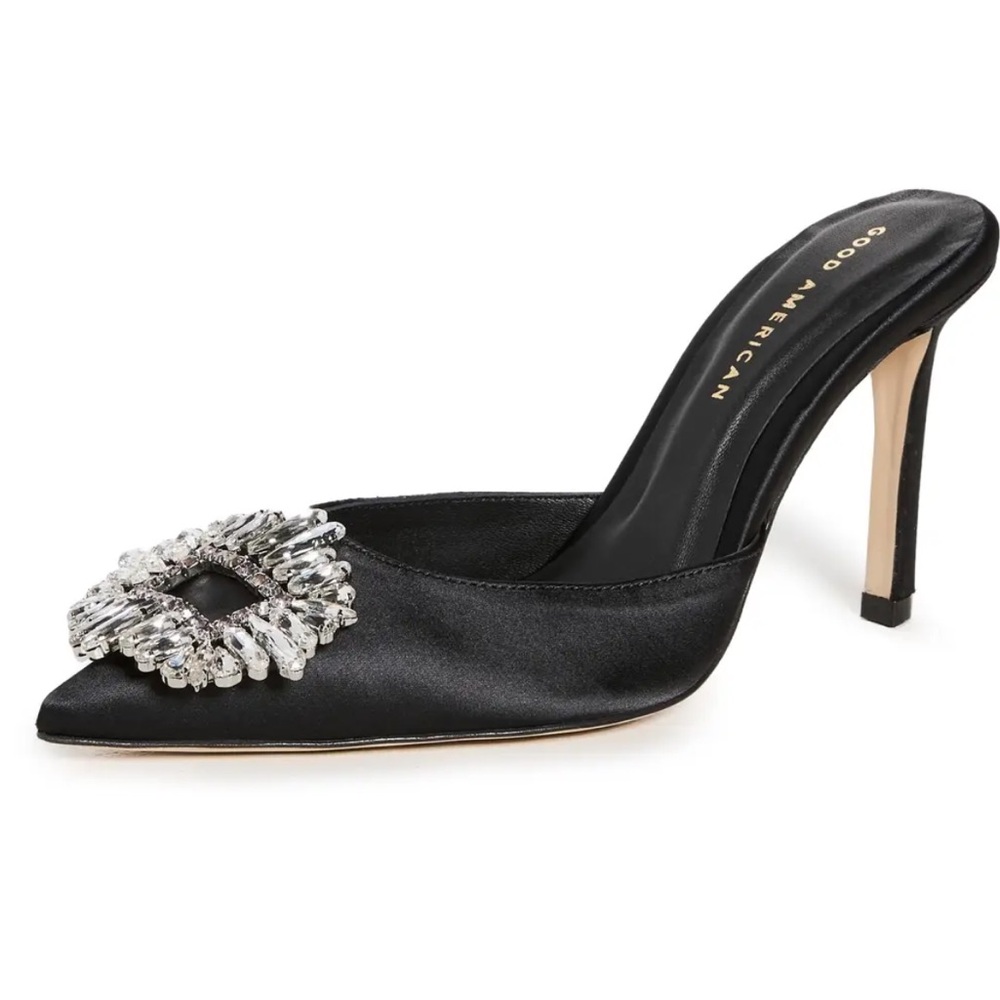 Good American Black Pointed Satin Mules with Crystal Buckle - Picture 5 of 10